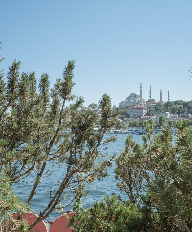 O jardim flutuante do Studio Ossidiana na Bienal turca com a mesquita Hagia Sophia, em Istambul, ao fundo (Foto: Riccardo de Vecchi / Studio Ossidiana / Divulgação)