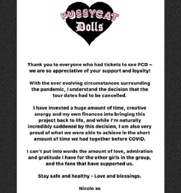 O post de Nicole Scherzinger anunciando o cancelamento da turnê das Pussycat Dolls (Foto: Instagram)