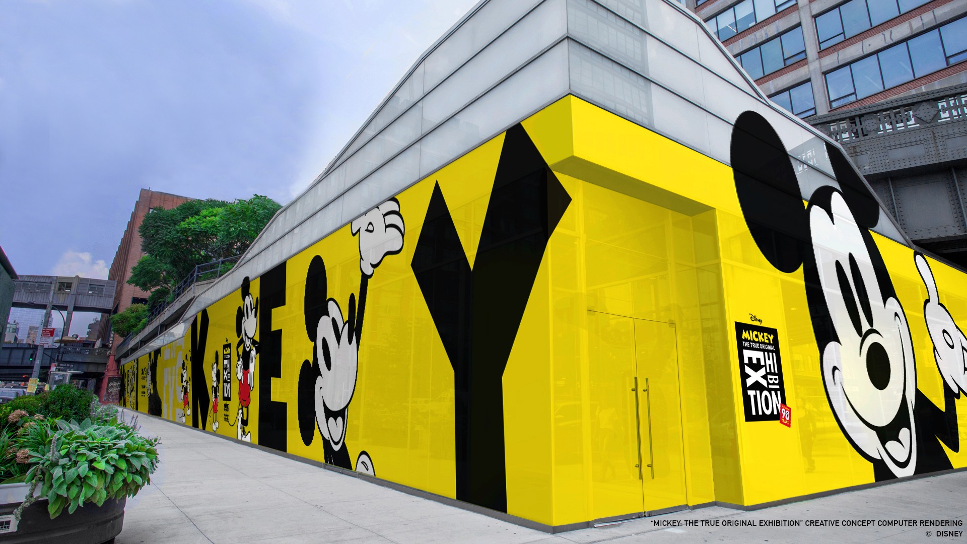 Exterior da galeria onde a exposição em homenagem a Mickey foi todo decorado (Foto: Divulgação)