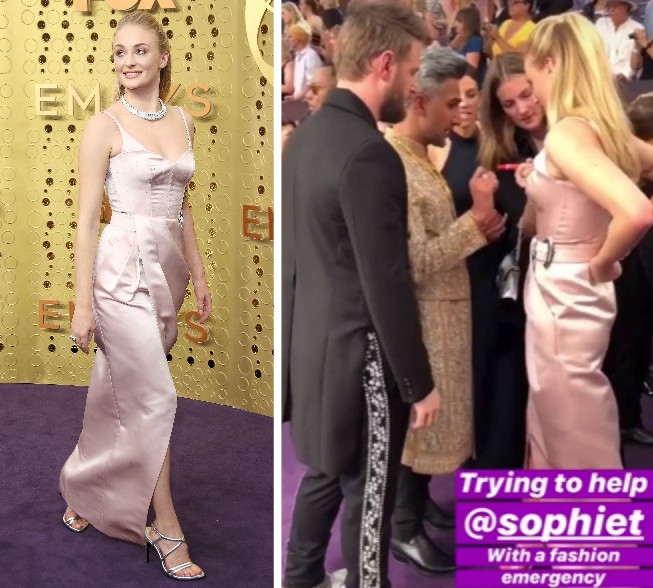 A atriz Sophie Turner sendo socorrida por Tan France e Bobby Berk do programa Queer Eye no red carpet do Emmy 2019 (Foto: Getty Images/Instagram)
