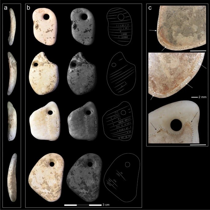 Ornamentos encontrados em associação com criança do sexo feminino enterrada do Mesolítico Inferior (Foto: C. Gravel-Miguel et.al )
