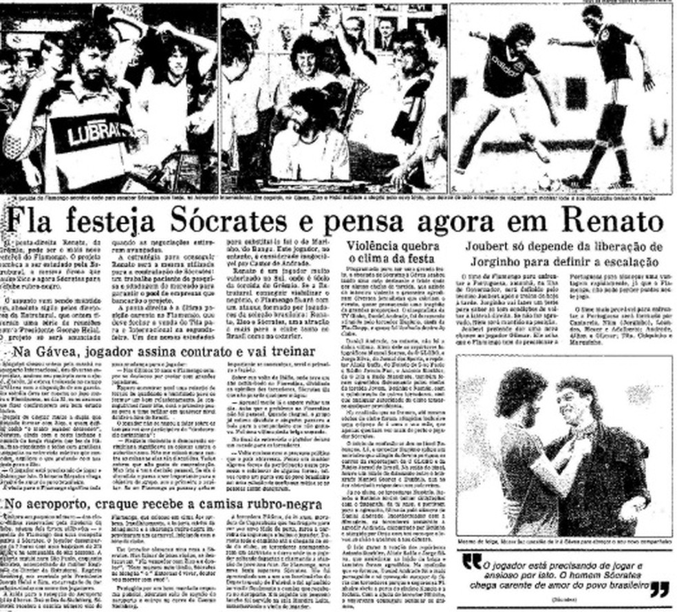 O Globo destacou a recepção festiva de Sócrates — Foto: Reprodução