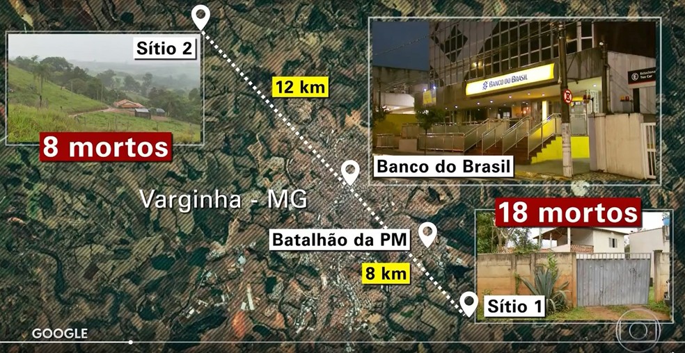 Suspeitos de quadrilha de assalto a bancos se dividiram em dois sítios em Varginha — Foto: Arte TV Globo