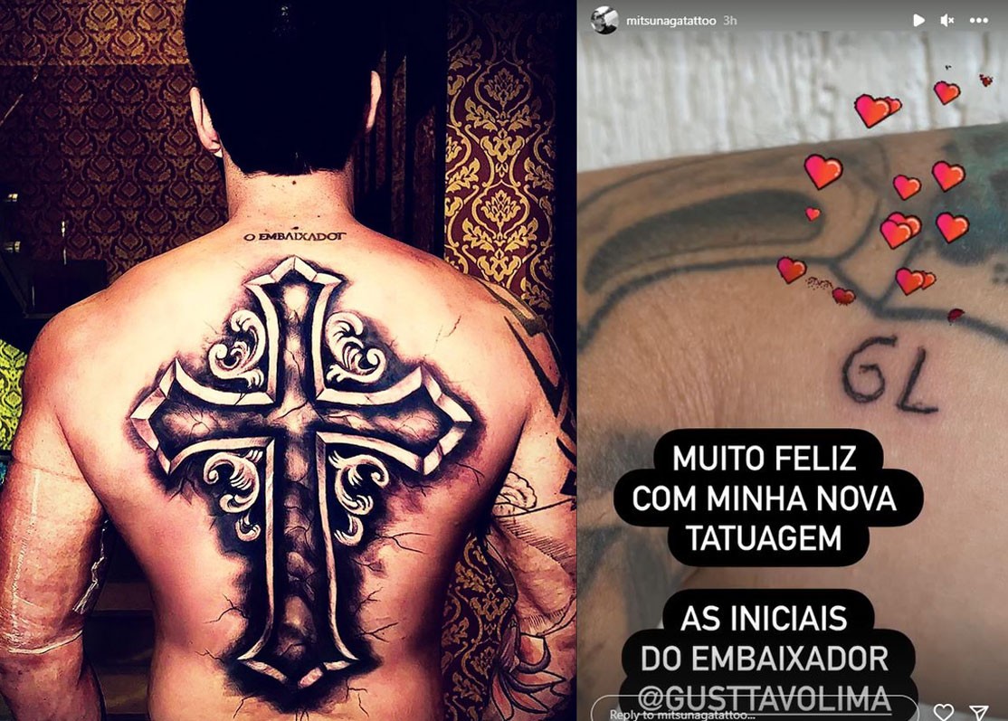 Gusttavo Lima tatua tatuador e assina iniciais de seu nome no braço do artista