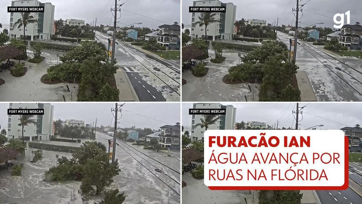 Vídeo acelerado mostra água avançando por cidade na Flórida durante passagem do furacão Ian
