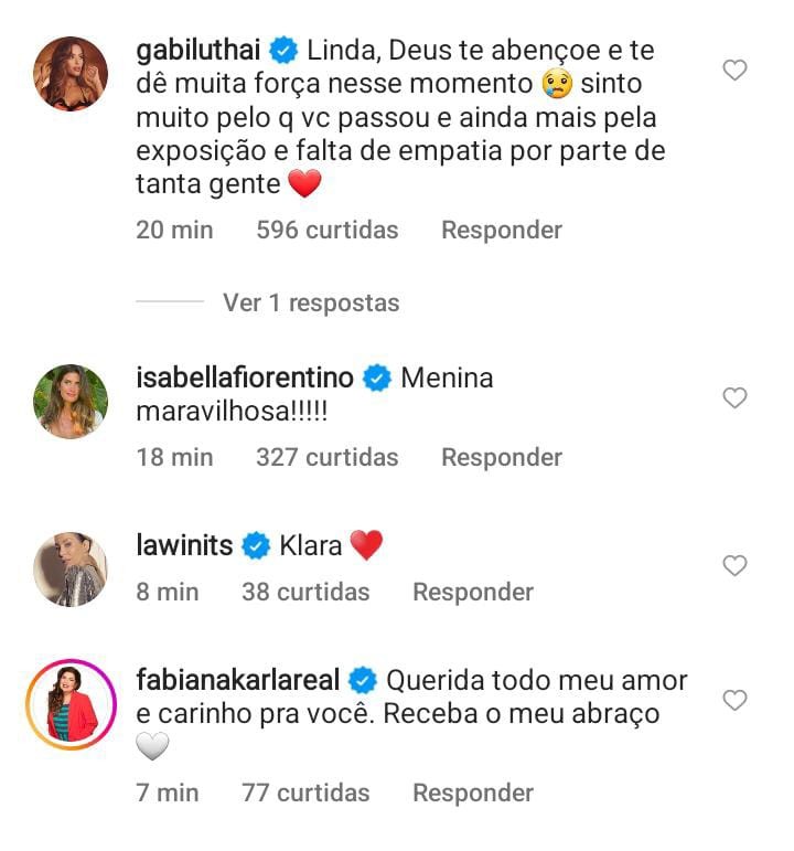 Famosos e fãs postam mensagens de apoio a Klara Castanho (Foto: reprodução/ Instagram)