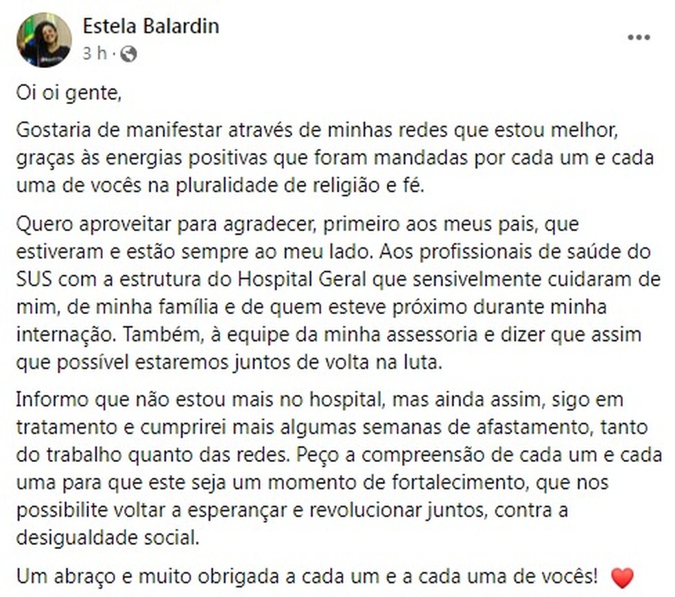 Nota da vereadora Estela Balardin (PT) — Foto: Reprodução/Facebook