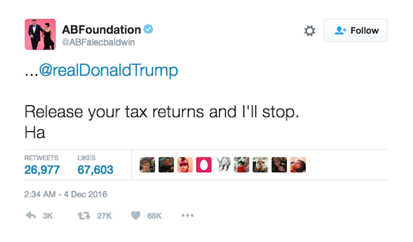 A resposta dada por Alec Baldwin ao empresário Donald Trump (Foto: Twitter)