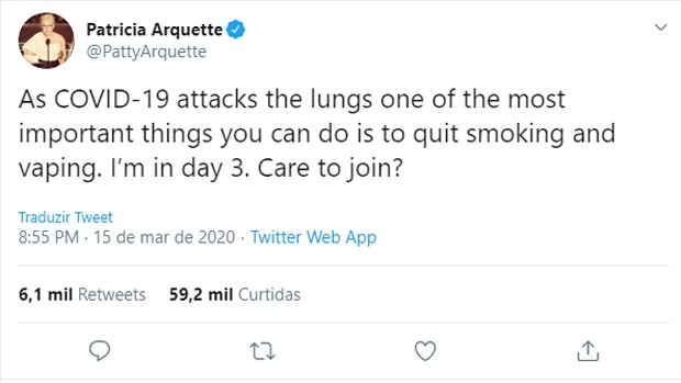 Paricia Arquette diz que parou de fumar por conta do novo coronavírus (Foto: Reprodução/Twitter)