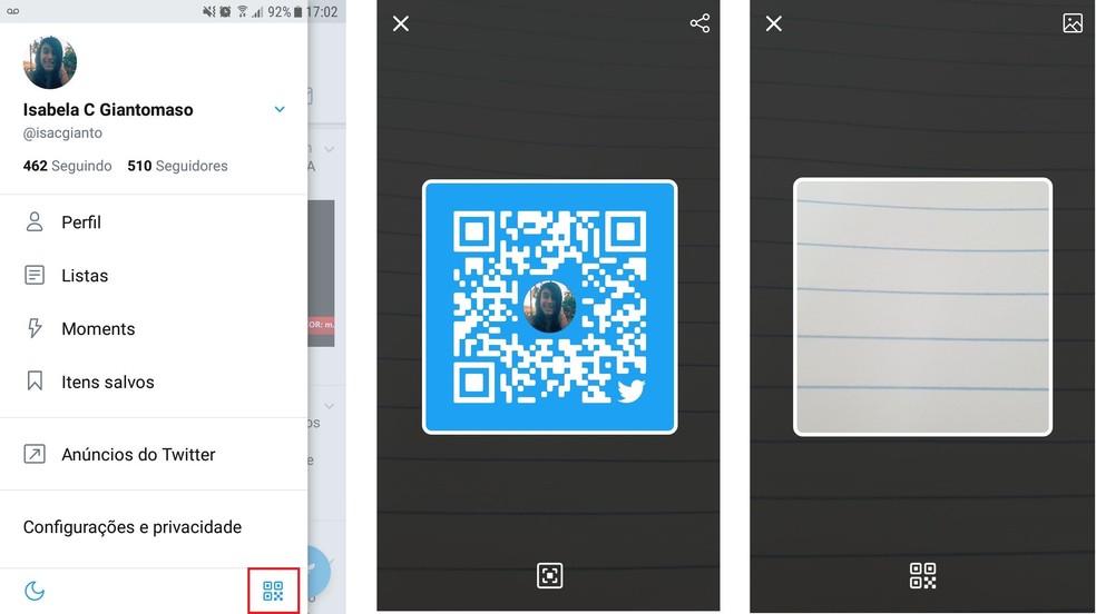 Para acessar o QR Code ou acessar o código de outro usuário, clique no ícone marcado de vermelho (Foto: Reprodução/Isabela Giantomaso)