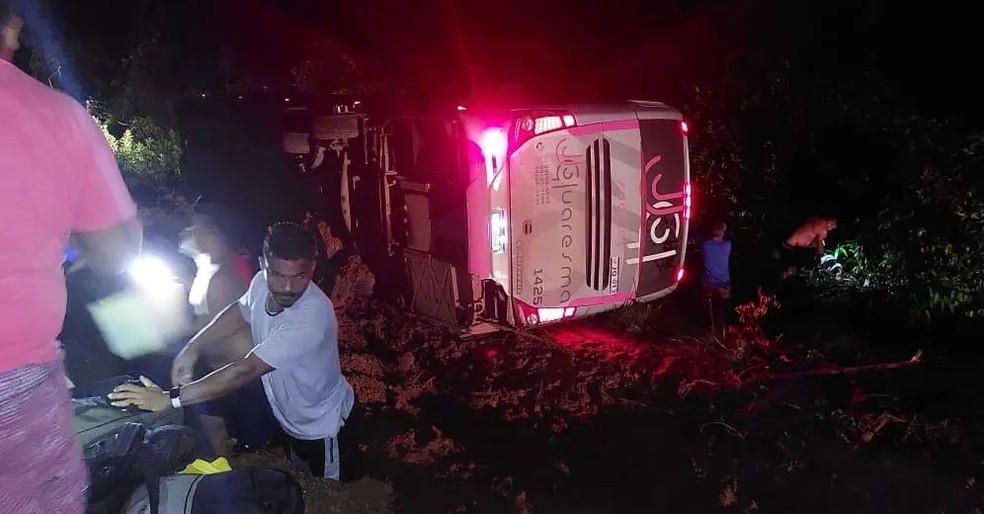 Ônibus tombou às margens da BR-163 em MT — Foto: Conselho Indígena Tapajós e Arapiuns/Divulgação