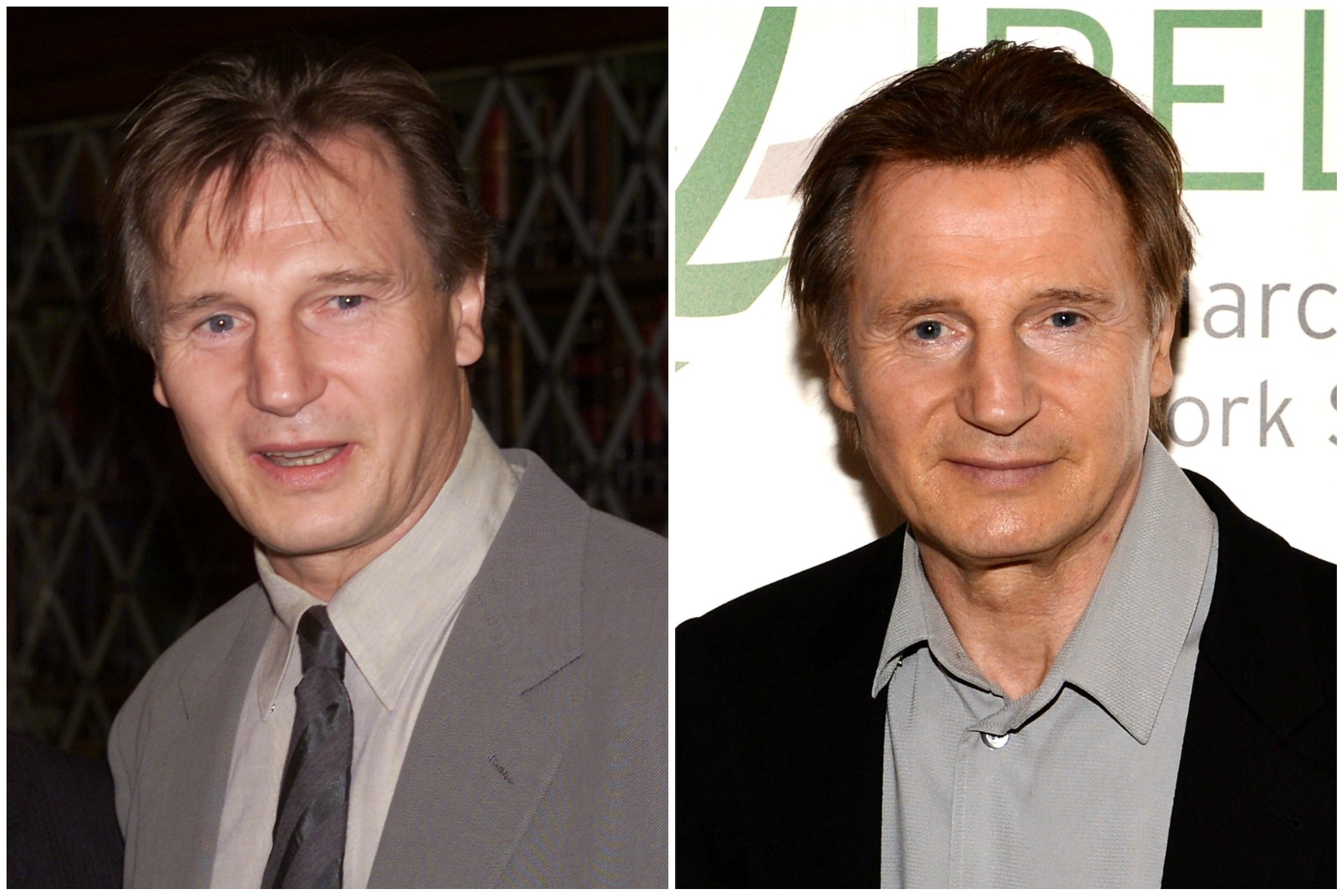 O ator irlandês Liam Neeson aos 49 anos (à esq.) e atualmente, com 61. (Foto: Getty Images)