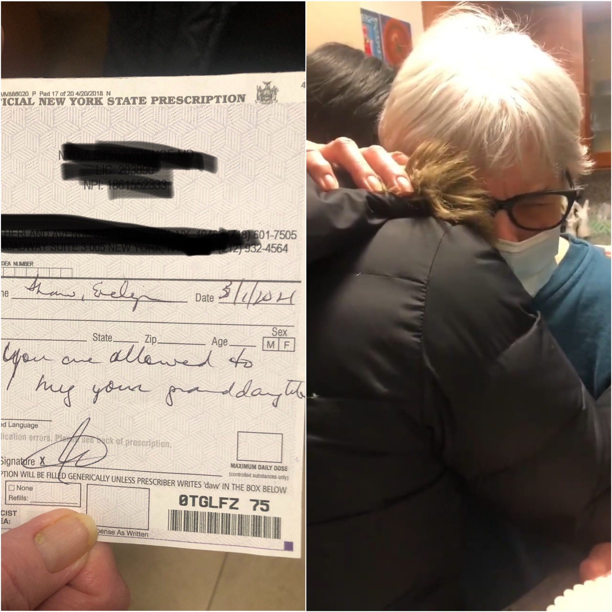 Médico prescreveu abraço na neta depois que Evelyn foi imunizada contra a Covid-19 (Foto: Reprodução/Twitter)