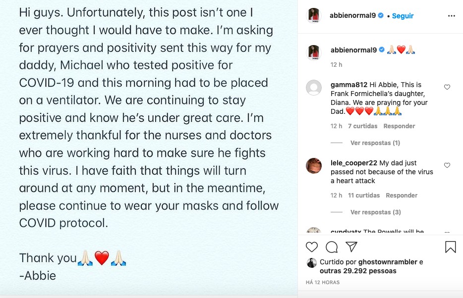 O post da atriz Abigail Breslin falando sobre a internação do pai (Foto: Instagram)