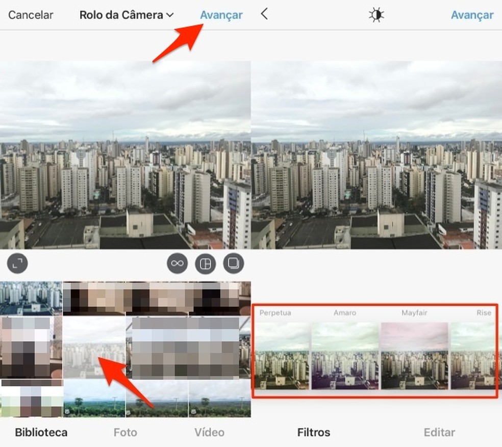 Ação escolher uma fotografia e as opções de filtros do Instagram (Foto: Reprodução/Marvin Costa)