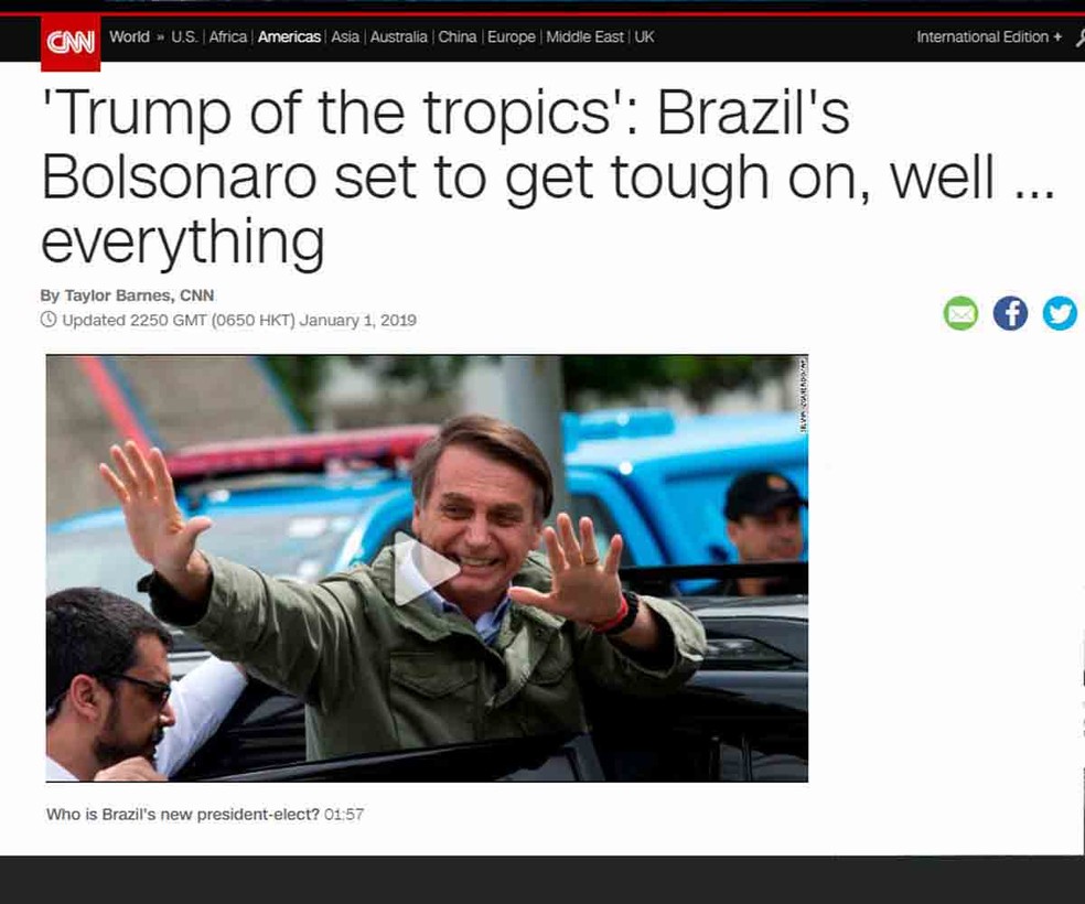 Rede americana CNN chama Bolsonaro de 'Trump dos trópicos' — Foto: Reprodução/CNN