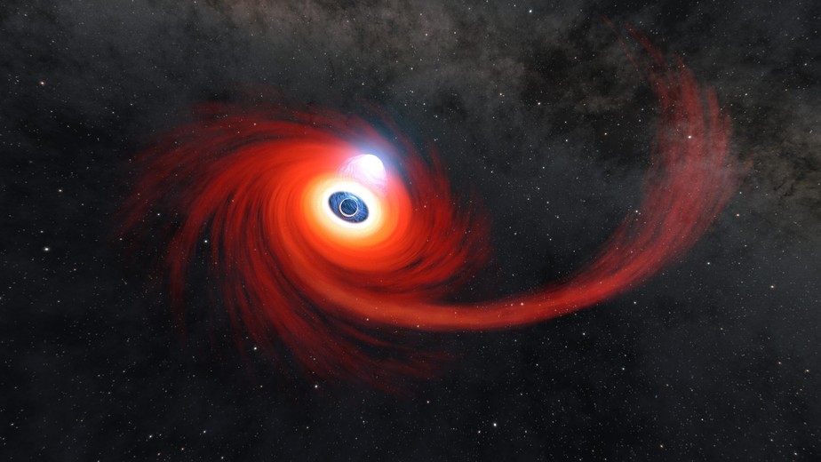 Ilustração mostra disco de gás quente girando em torno de buraco negro