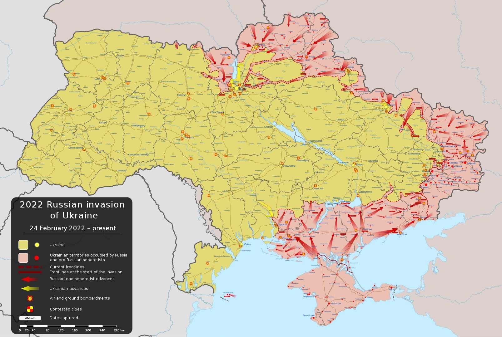Mapa mostra andamento da invasão militar da Ucrânia pela Rússia em 24 de fevereiro de 2022 (Foto: Creative Commons)