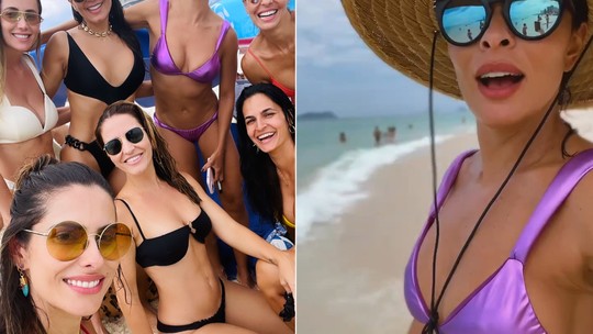 Juliana Paes usa biquíni metalizado em dia de praia com amigas; fotos e vídeo
