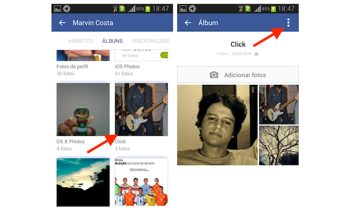 Acessando as opções para um álbum de fotos do Facebook no Android (Foto: Reprodução/Marvin Costa)