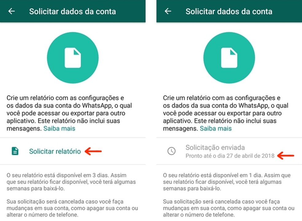É possível solicitar dados da conta do WhatsApp pelo aplicativo — Foto: Reprodução/Raquel Freire