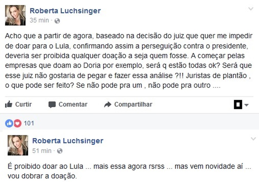 Roberta prometeu dobrar doação após decisão de juiz de vara paulista (Foto: Reprodução/Facebook)
