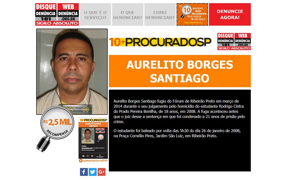 Aurelito Santiago é considerado um dos dez mais procurados em São Paulo — Foto: Reprodução/Web Denúncia