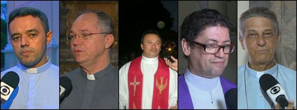 Da esquerda para a direita: Monsenhor Jaelson Alves de Andrade; Monsenhor Ednaldo Araújo dos Santos; Padre Severino Melo; Padre Rui da Silva Braga; Dom Aldo Pagotto — Foto: TV Cabo Branco/Reprodução
