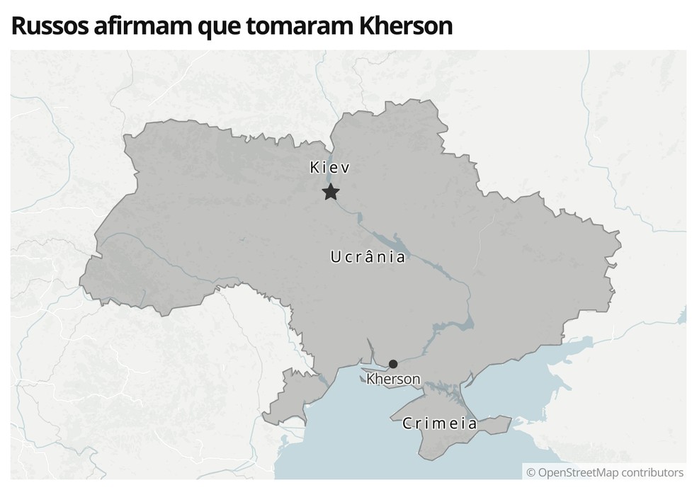 Mapa mostra a localização da cidade de Kherson, no sul da Ucrânia — Foto:  g1