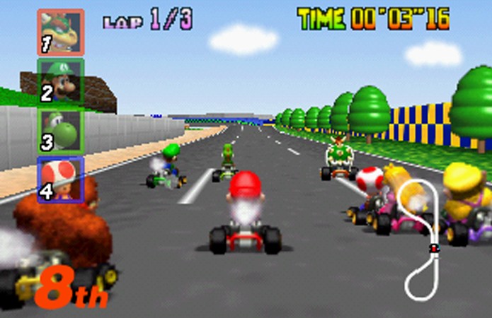 Os personagens de Mario Kart 64 eram 2D para não causar lentidão quando estão todos na tela (Foto: Reprodução/YouTube)