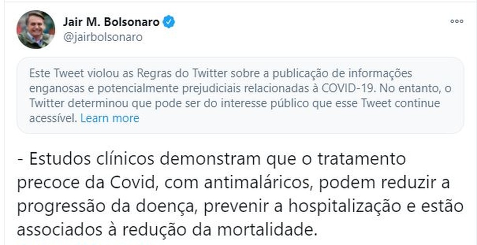 Tuíte de Bolsonaro — Foto: Twitter