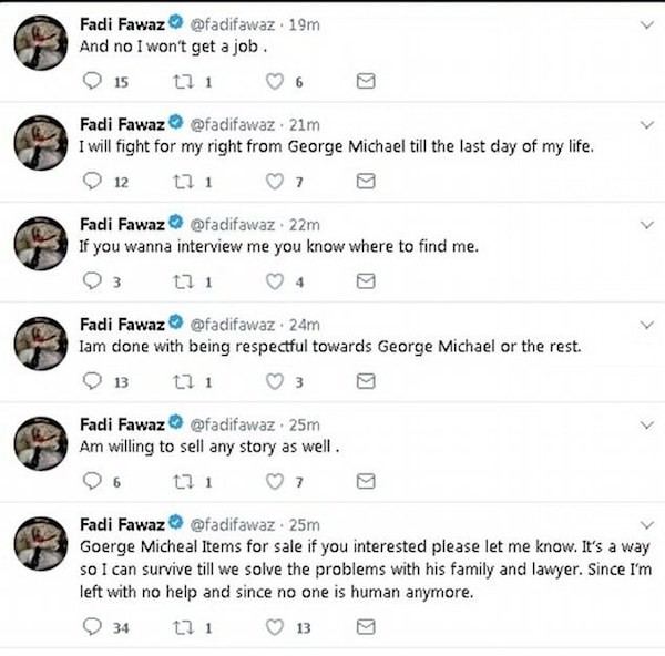 As alegações feitas pelo namorado de George Michael no Twitter dizendo que pretende vender antigos pertences do cantor (Foto: Twitter)