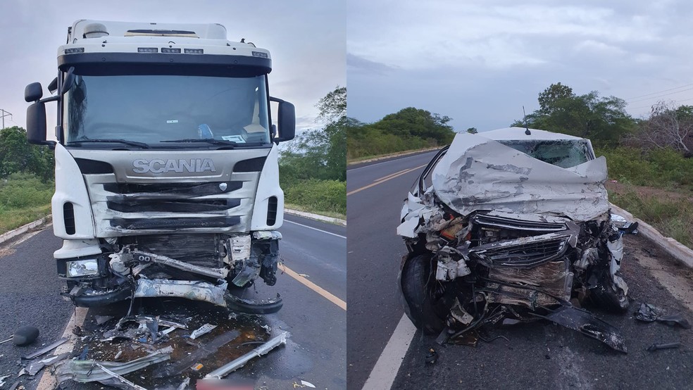 Caminhão e carro colidiram frontalmente na BR-16 em Valença do Piauí — Foto: Divulgação/PRF