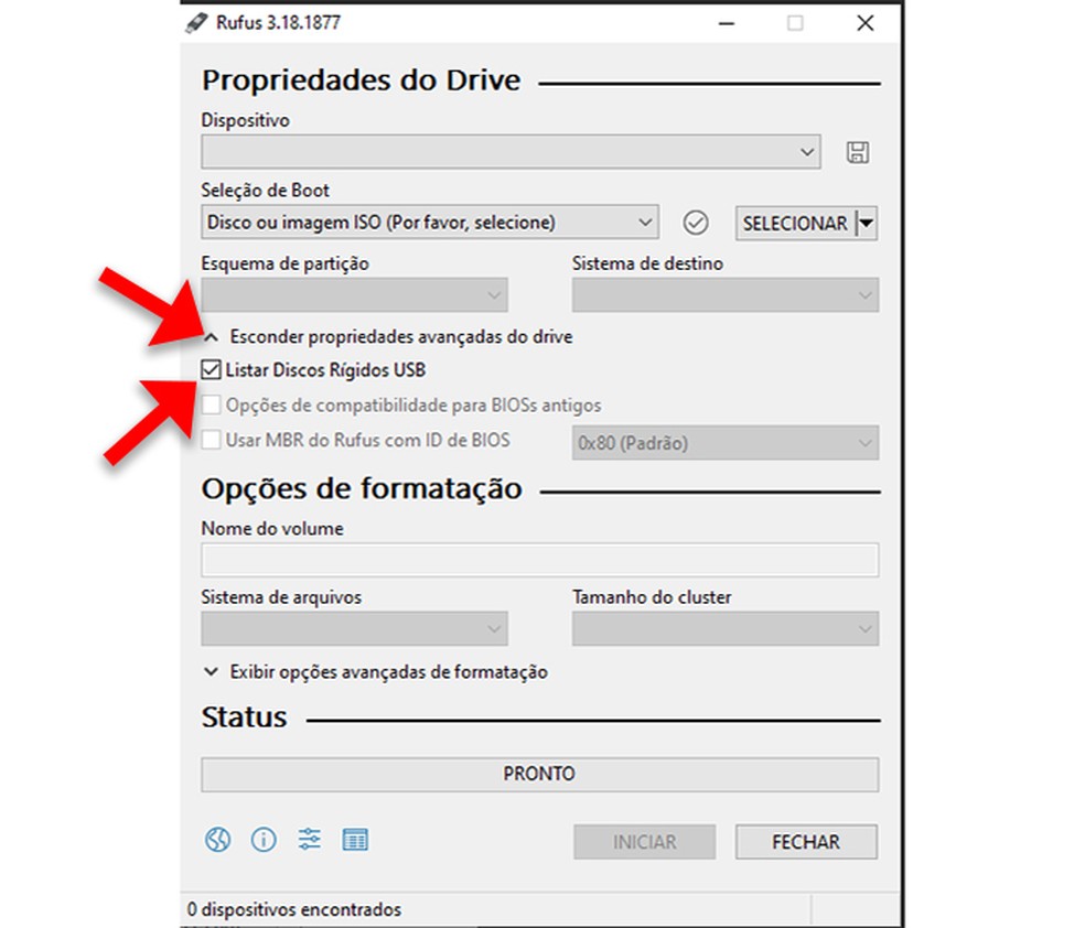 Para que o Rufus mostre HDs externos, basta selecionar a opção "Listar Discos Rígidos USB" — Foto: Reprodução/Rafael Leite