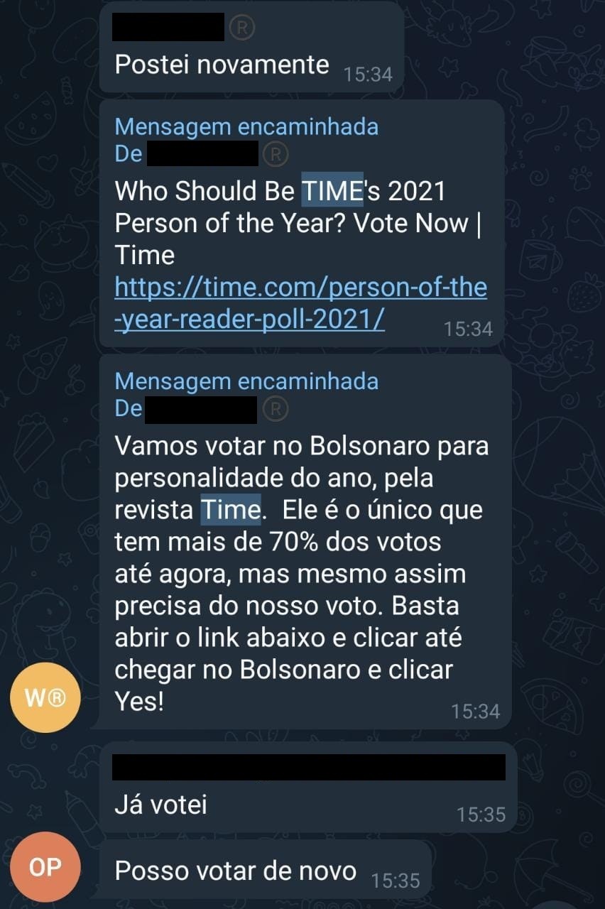 Apoiadores pedem votos a Bolsonaro em enquete da Time