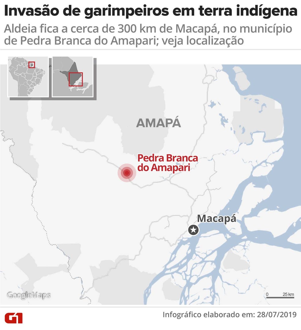 Mapa - invasão de garimpeiros em terra indígena — Foto: Rodrigo Sanches/Arte G1