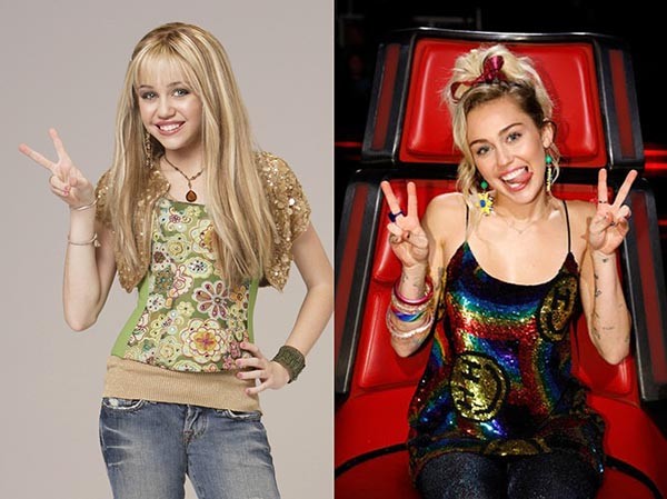 Miley Cyrus na época de 'Hannah Montana' e como jurada do 'The Voice' (Foto: Divulgação)