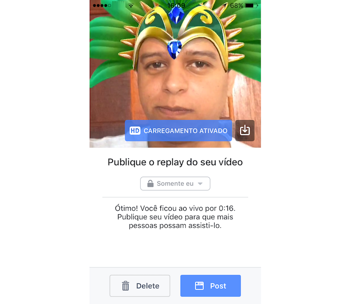 Opções para deletar, salvar no aparelho ou publicar para replay um vídeo ao vivo de carnaval no Facebook (Foto: Reprodução/Marvin Costa)