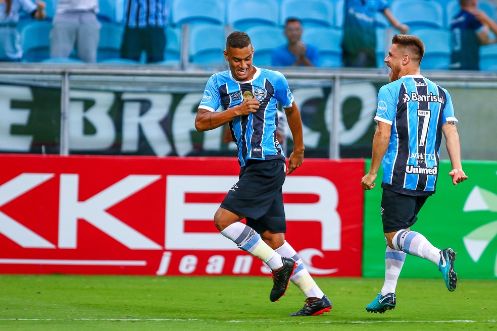 Thonny Anderson vibra com seu primeiro gol na Arena: o mais rápido da história do estádio (Foto: Lucas Uebel / Grêmio, DVG)