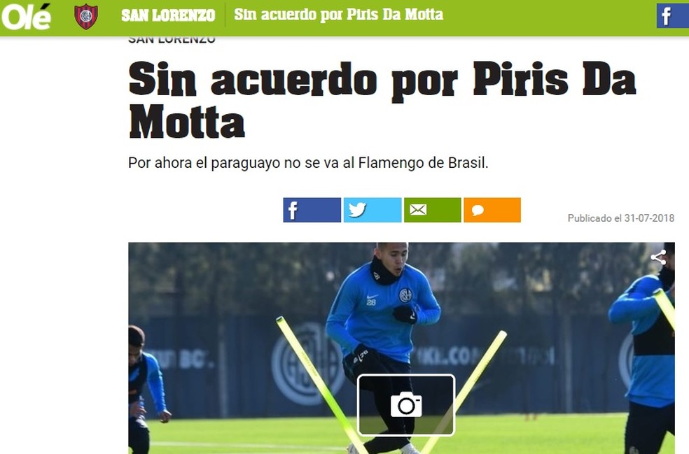 Durante esta terÃ§a-feira, veÃ­culos argentinos publicavam San Lorenzo e Fla em desacordo por volante paraguaio (Foto: ReproduÃ§Ã£o "OlÃ©")
