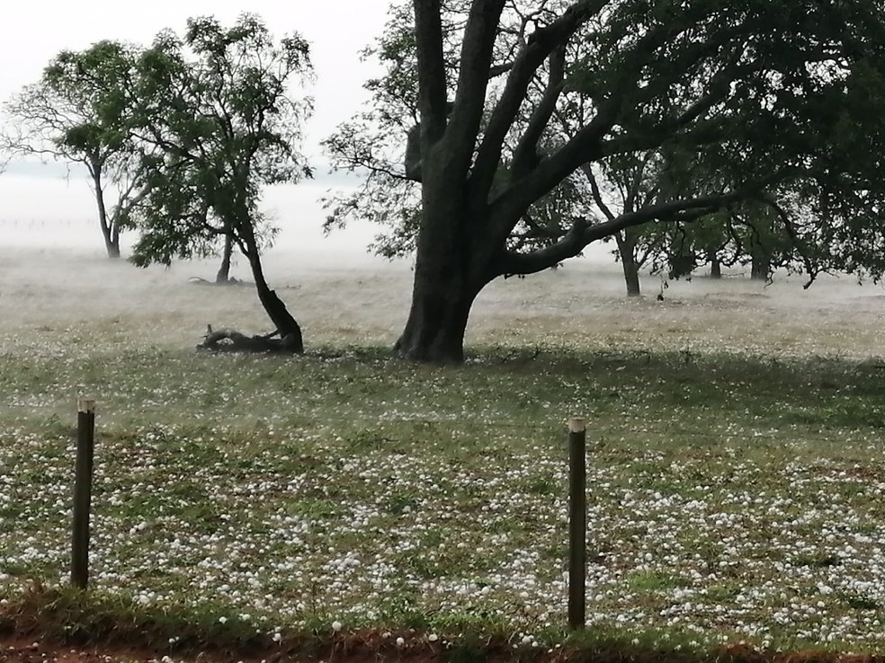 A queda de granizo durou por vários minutos nos municípios. — Foto: Redes sociais/Reprodução