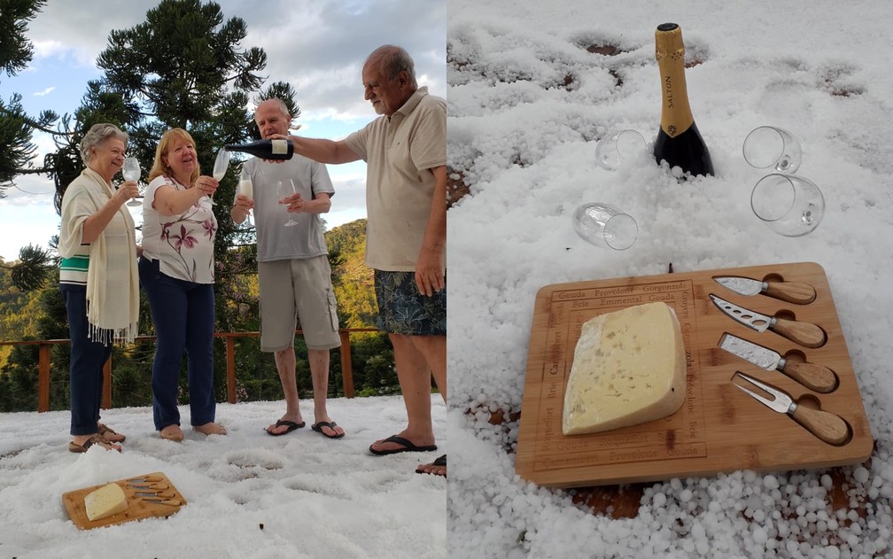 Chuva de granizo faz pousada ficar encoberta por ‘neve’ e turistas brincam em fotografias em MG — Foto: Aparecida Calicchio Cioban
