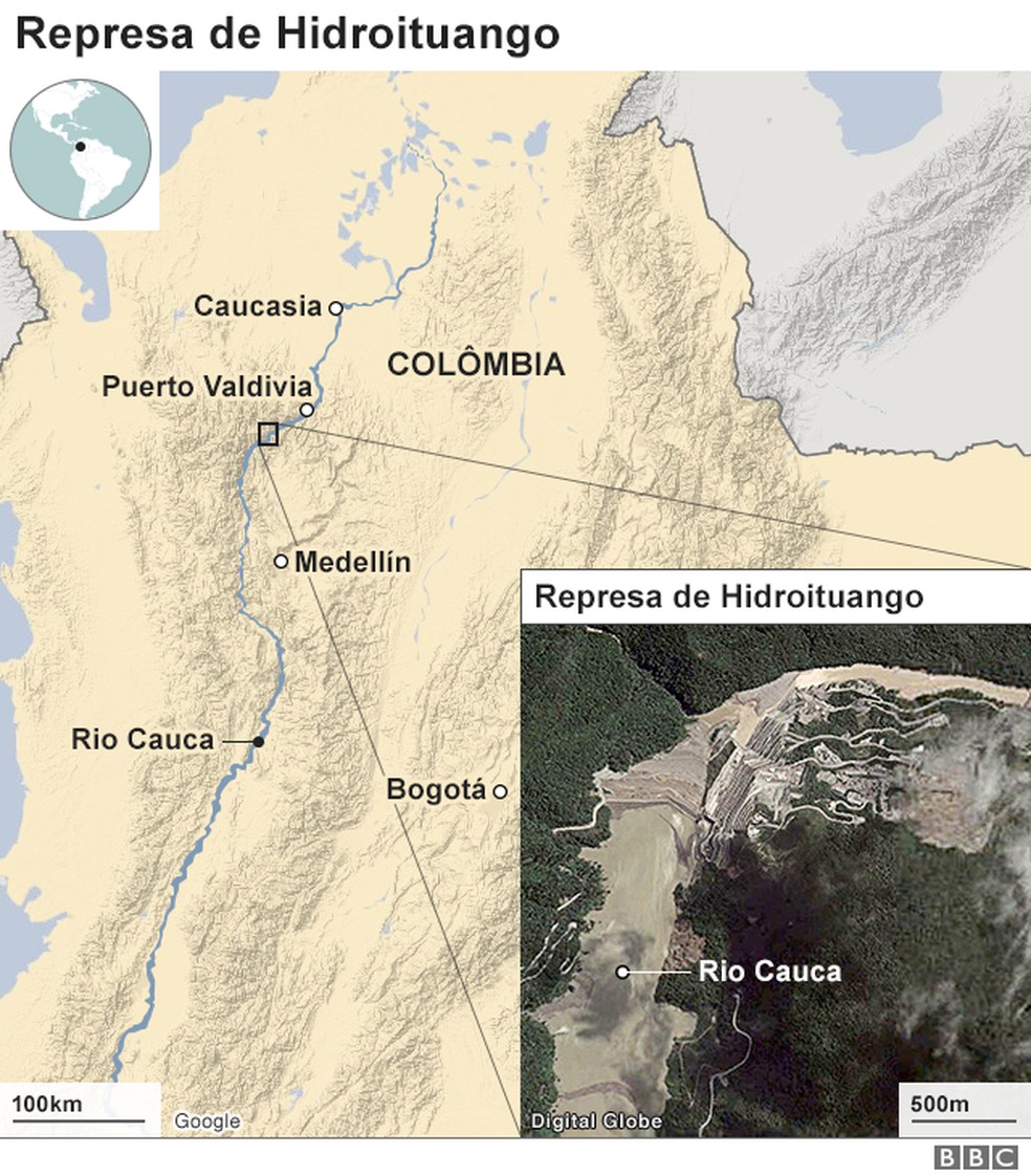 Mapa da localização do rio Cauca e da represa de Hidroituango — Foto: BBC