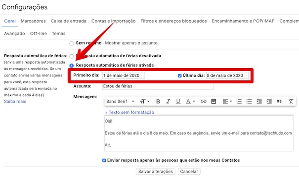 Configurando resposta automática de férias — Foto: Reprodução/Helito Beggiora
