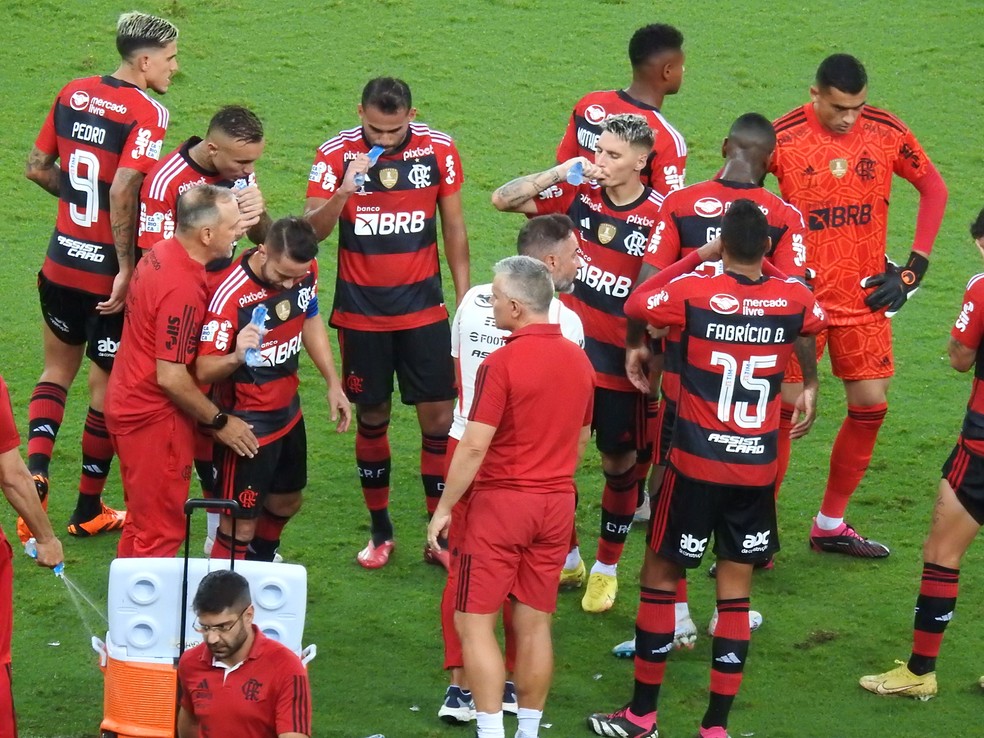 Jogadores muito abatidos ap&oacute;s o quarto gol do Flamengo &mdash; Foto: Fred Gomes