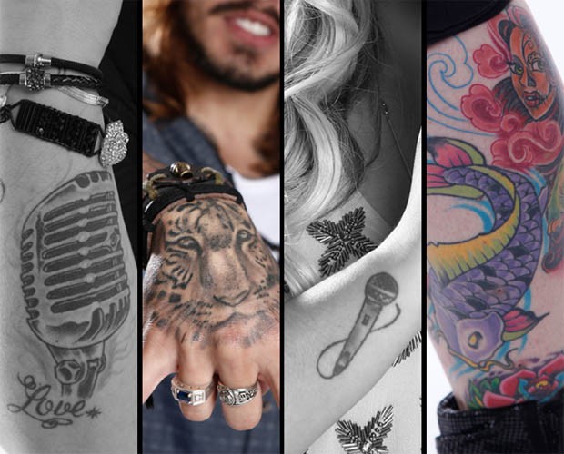 Tatuagens da Twyla (esq.), Kim Lírio, Kall Medrado e Twyla de novo (Foto: The Voice Brasil)