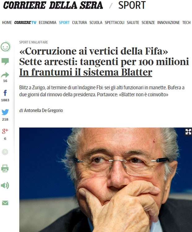 O italiano “Corriere della Sera” cita um “terremoto” na Fifa (Foto: Reprodução/Corriere della Sera)