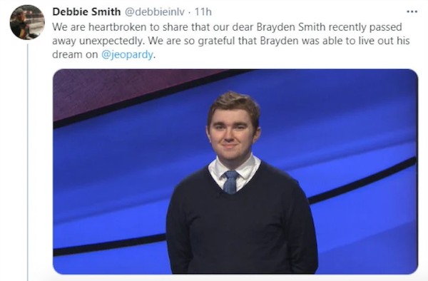 O post da mãe de Brayden Smith, anunciando a morte do economista cinco vezes campeão do programa Jeopardy! (Foto:  Twitter)