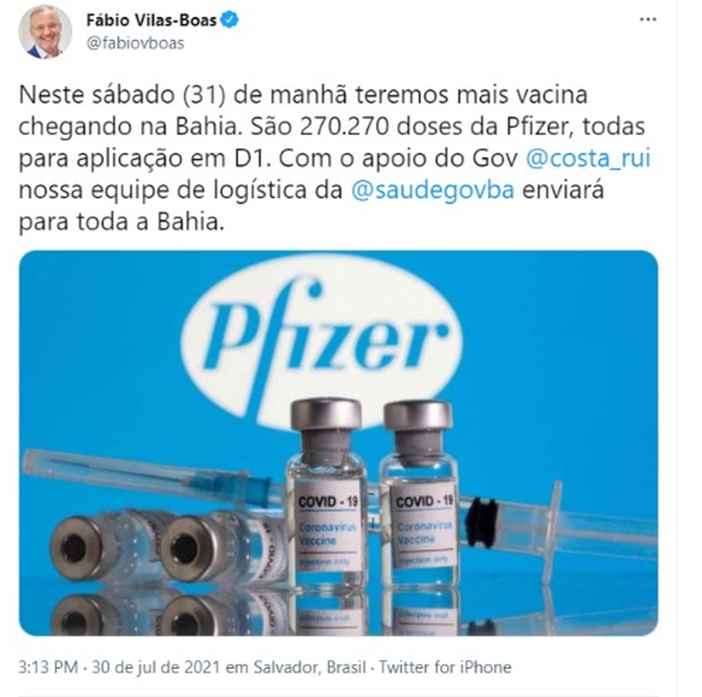 Secretário de Saúde da Bahia anuncia chegada de novas doses de vacina da Pfizer  — Foto: Reprodução / Redes Sociais
