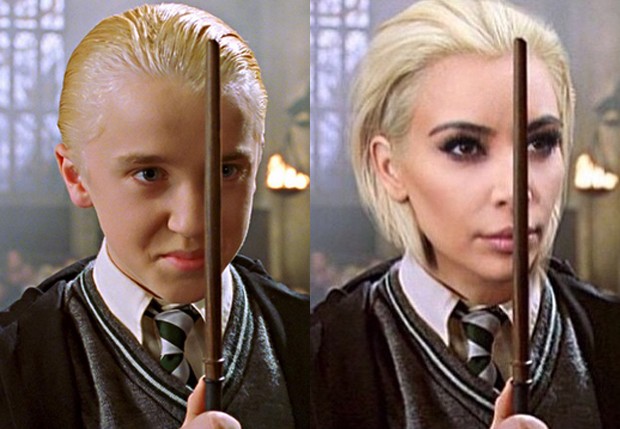 Tom Felton como Draco Malfoy e montagem com Kim Kardashian platinada (Foto: Reprodução/Instagram)